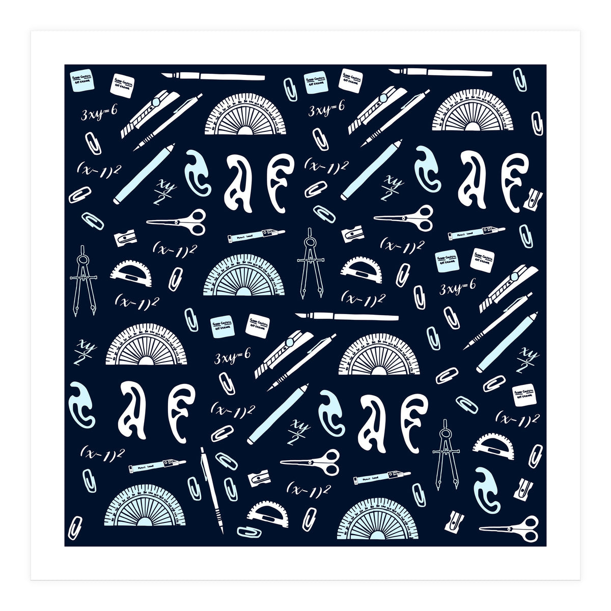 Mathematics and Geometry Pattern with protractors, mechanical pencils and erasers (Print Only)