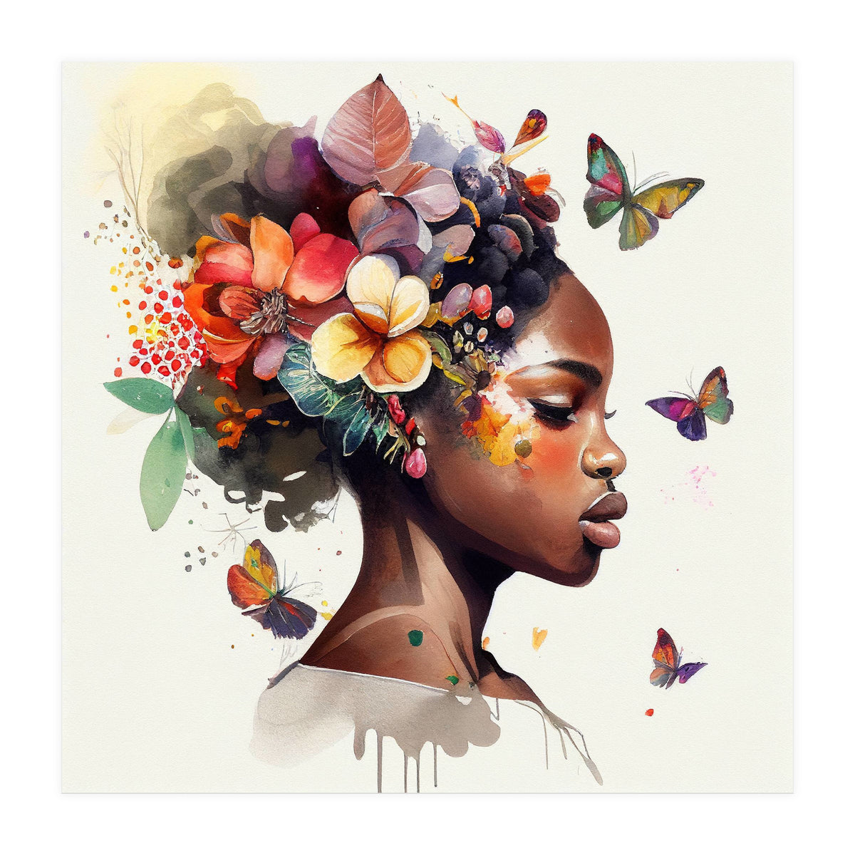 Watercolor Butterfly African Woman #6 (Print Only)