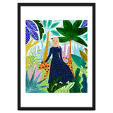 African Safari, Colorful Tropical Jungle Travel, Botanical Watercolor, Blonde Woman with a Leopard thumbnail
