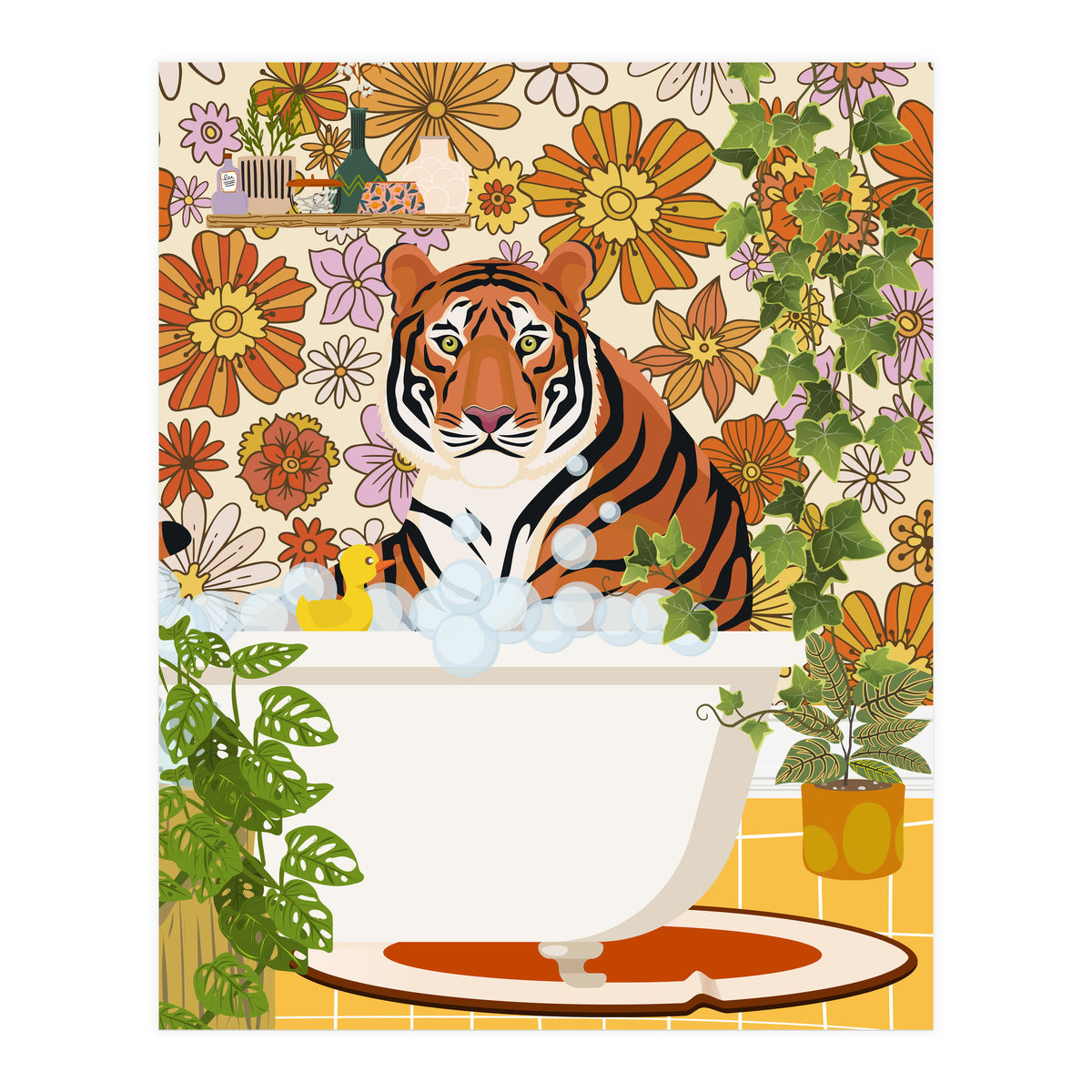 Tiger Bathing in Groovy Bathroom (Print Only)