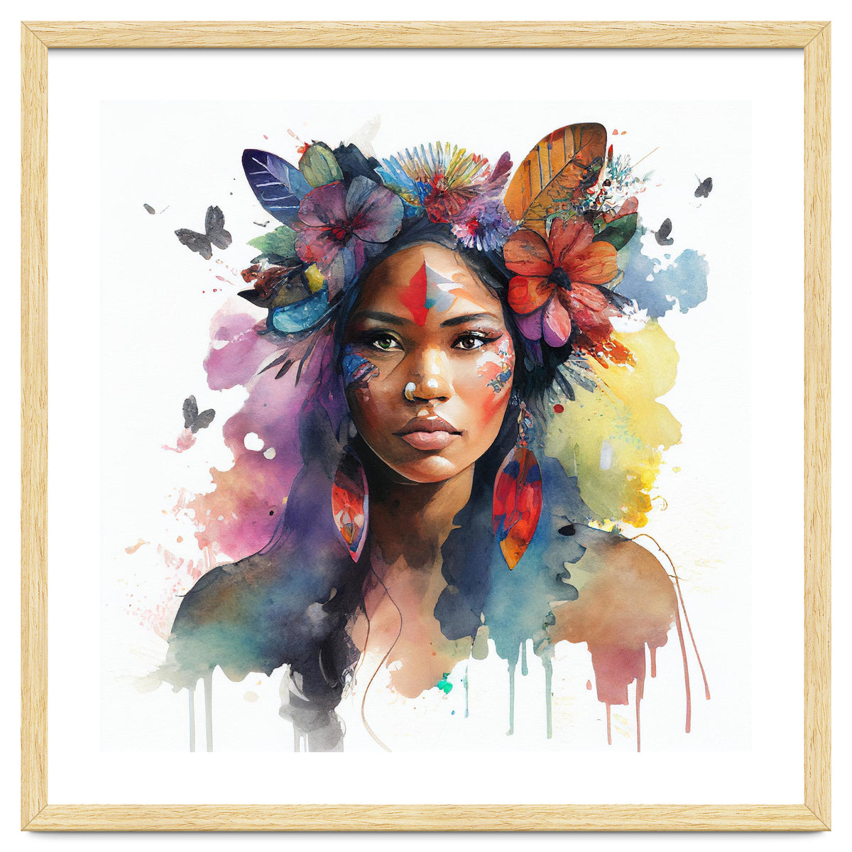 Watercolor Floral Indian Native Woman #1