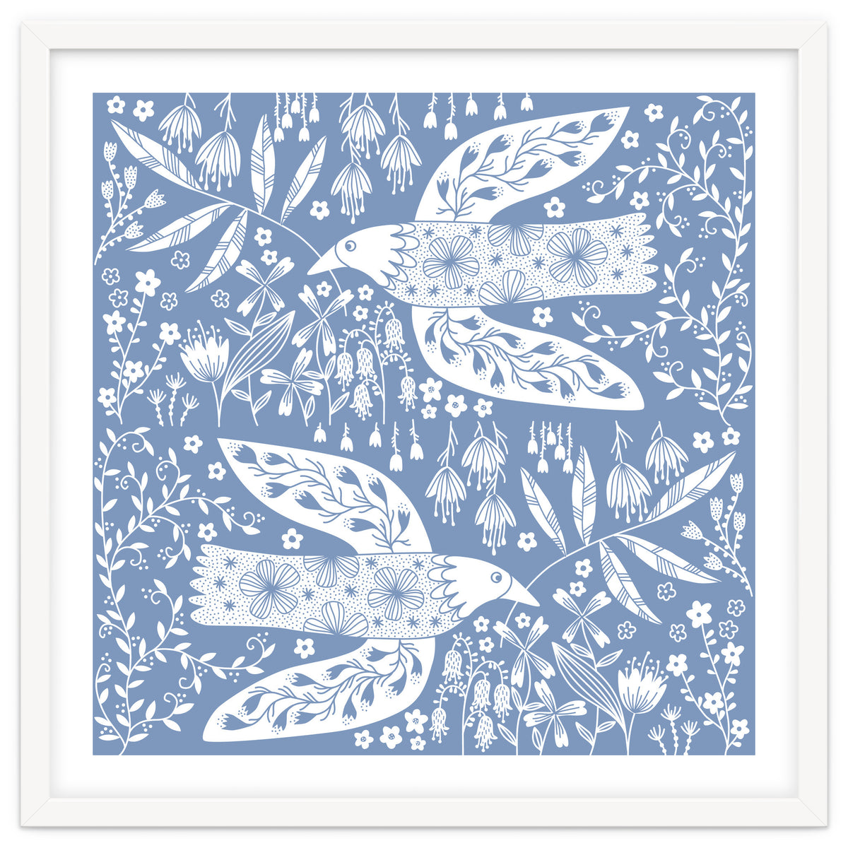 Doves And Flowers White On Blue