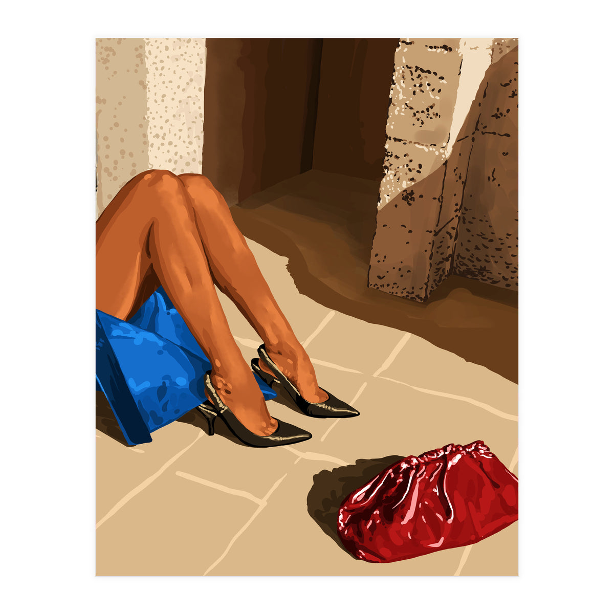 Introspection, Bohemian Woman Solitude Painting, Fashion Travel Lifestyle Architecture Illustration (Print Only)