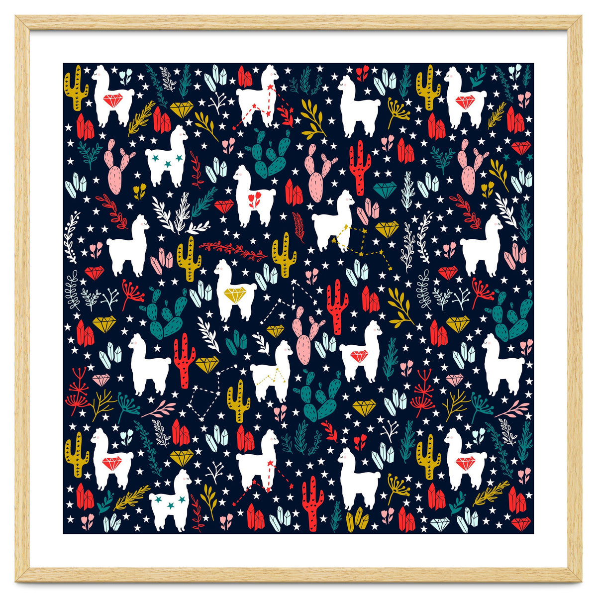 Cute Alpaca Pattern with Cacti, Stars and Crystals