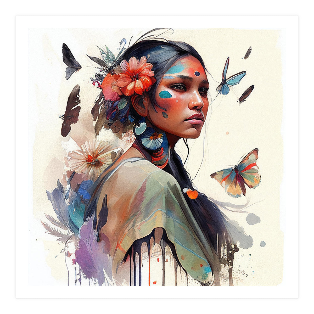 Watercolor Floral Indian Native Woman #3 (Print Only)