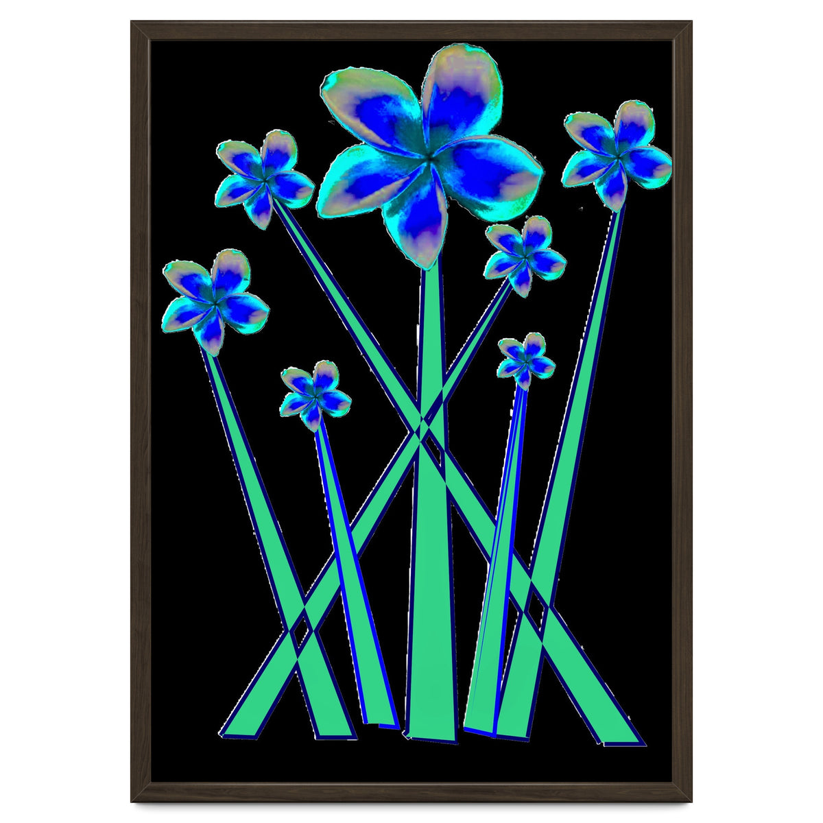 Blue flowers on black.