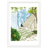 Black cat on the steps Poster, Greece Santorini summer travel pet painting thumbnail
