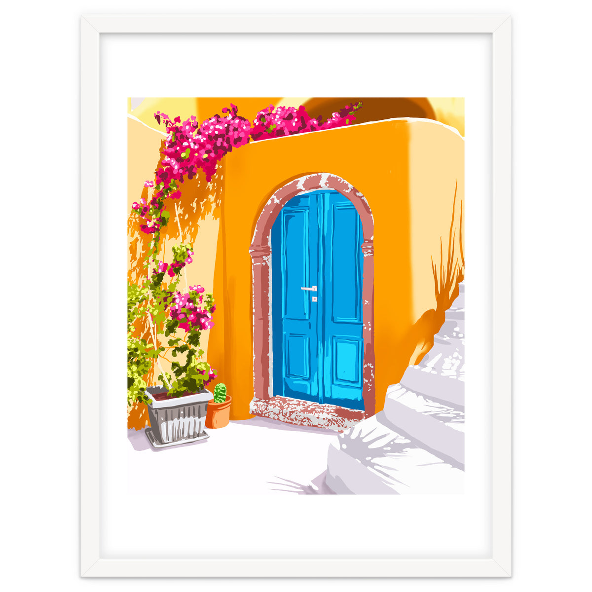 Sunny Morocco, Summer Architecture Greece Travel Painting, Boungainvillea Tropical Floral