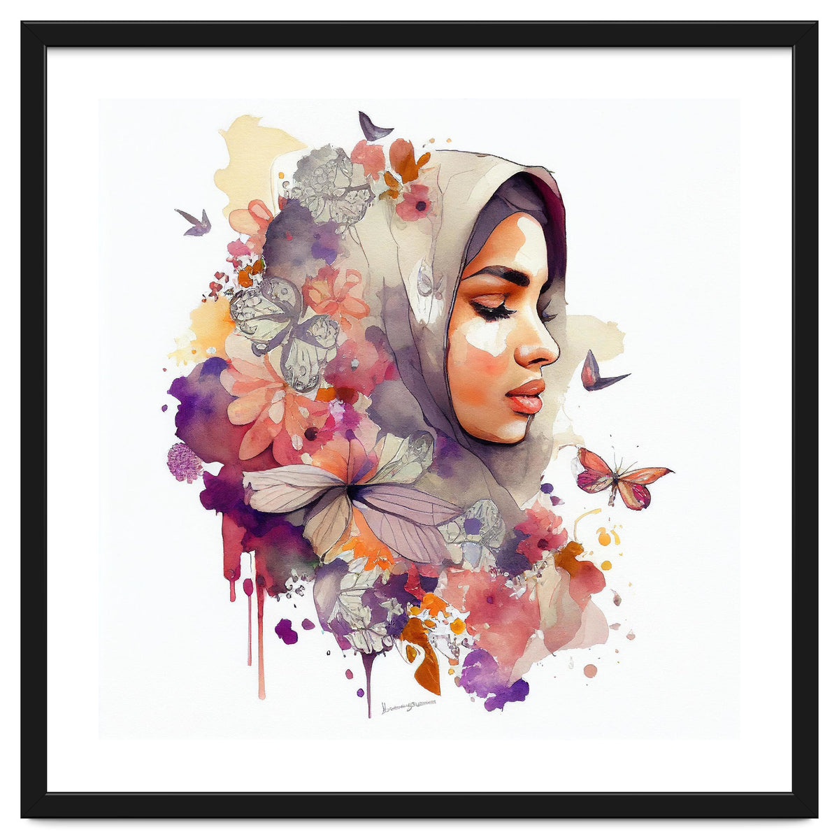 Watercolor Floral Muslim Arabian Woman #6