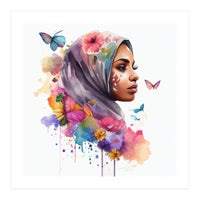 Watercolor Floral Muslim Arabian Woman #7 (Print Only)