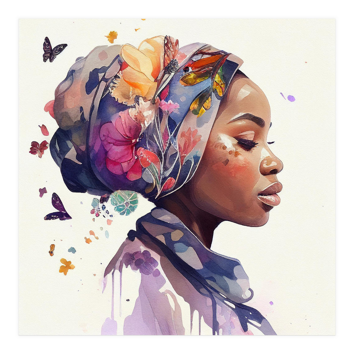 Watercolor Floral Muslim African Woman #1 (Print Only)