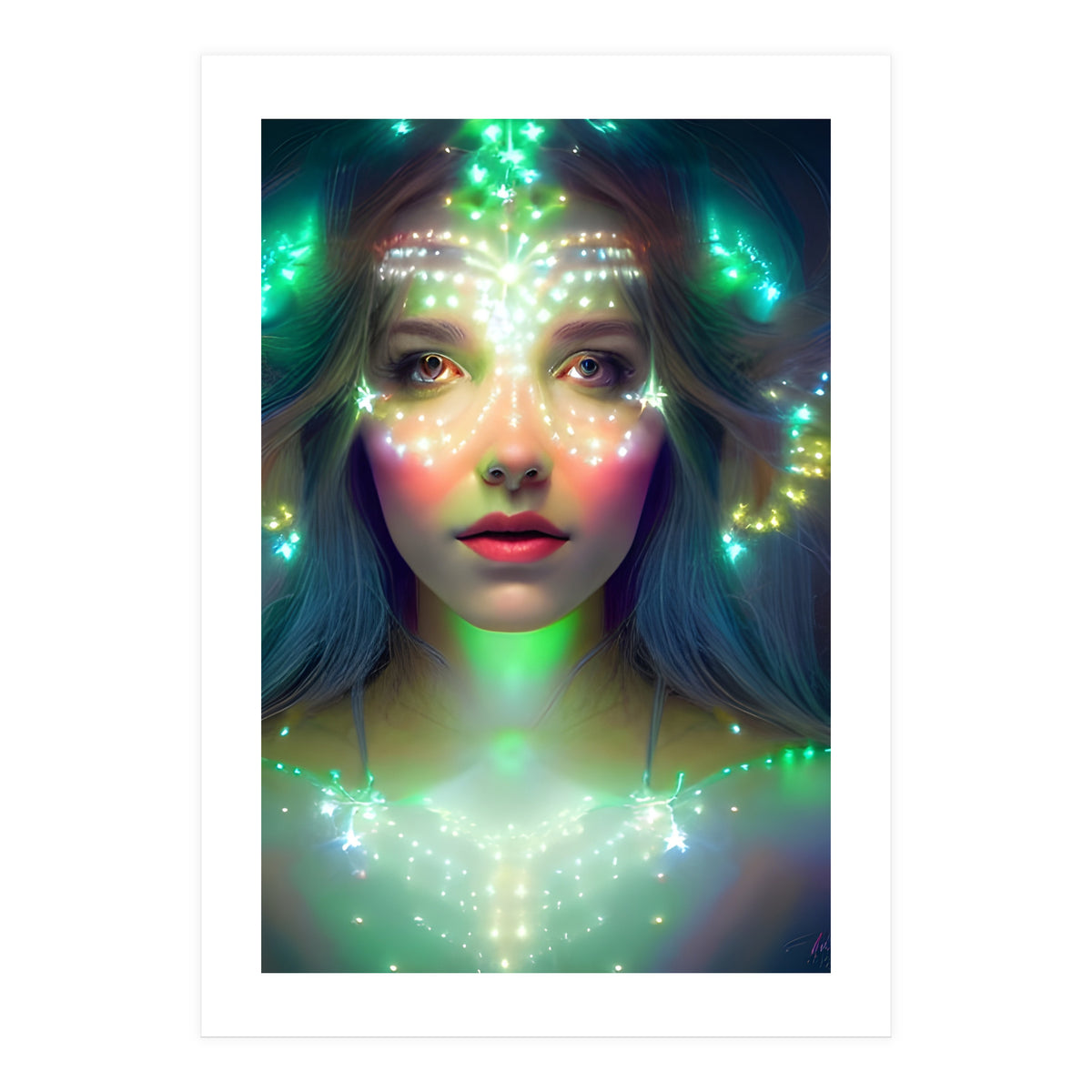 Glowing Green Stars - Goddess of Light Digital Fantasy Artwork (Print Only)