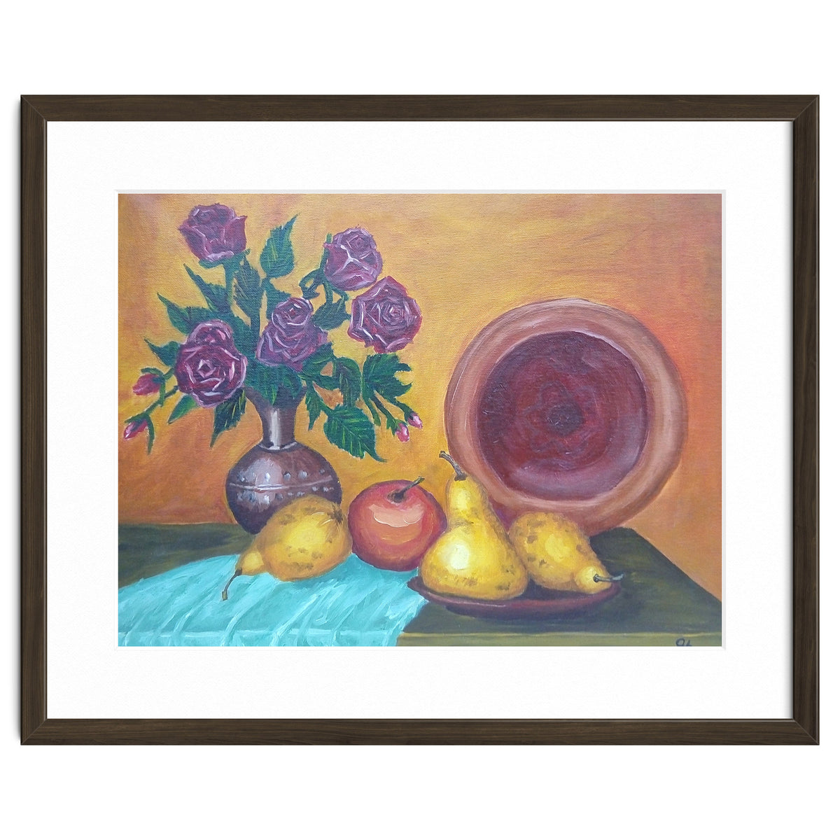 Still life with pears, roses and a dish.
