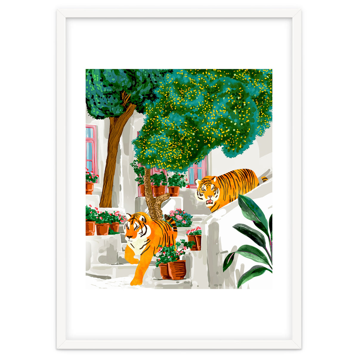 Tigers in Greece | Santorini Travel Architecture, Wildlife Animal Painting | Watercolor Illustration