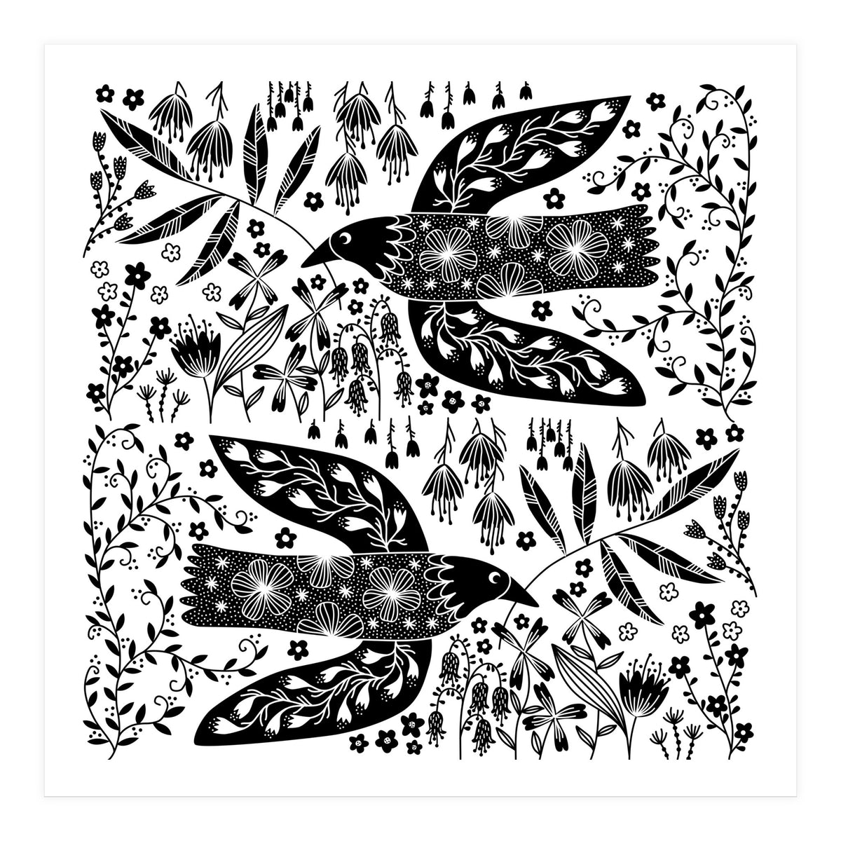 Doves And Flowers Black & White (Print Only)