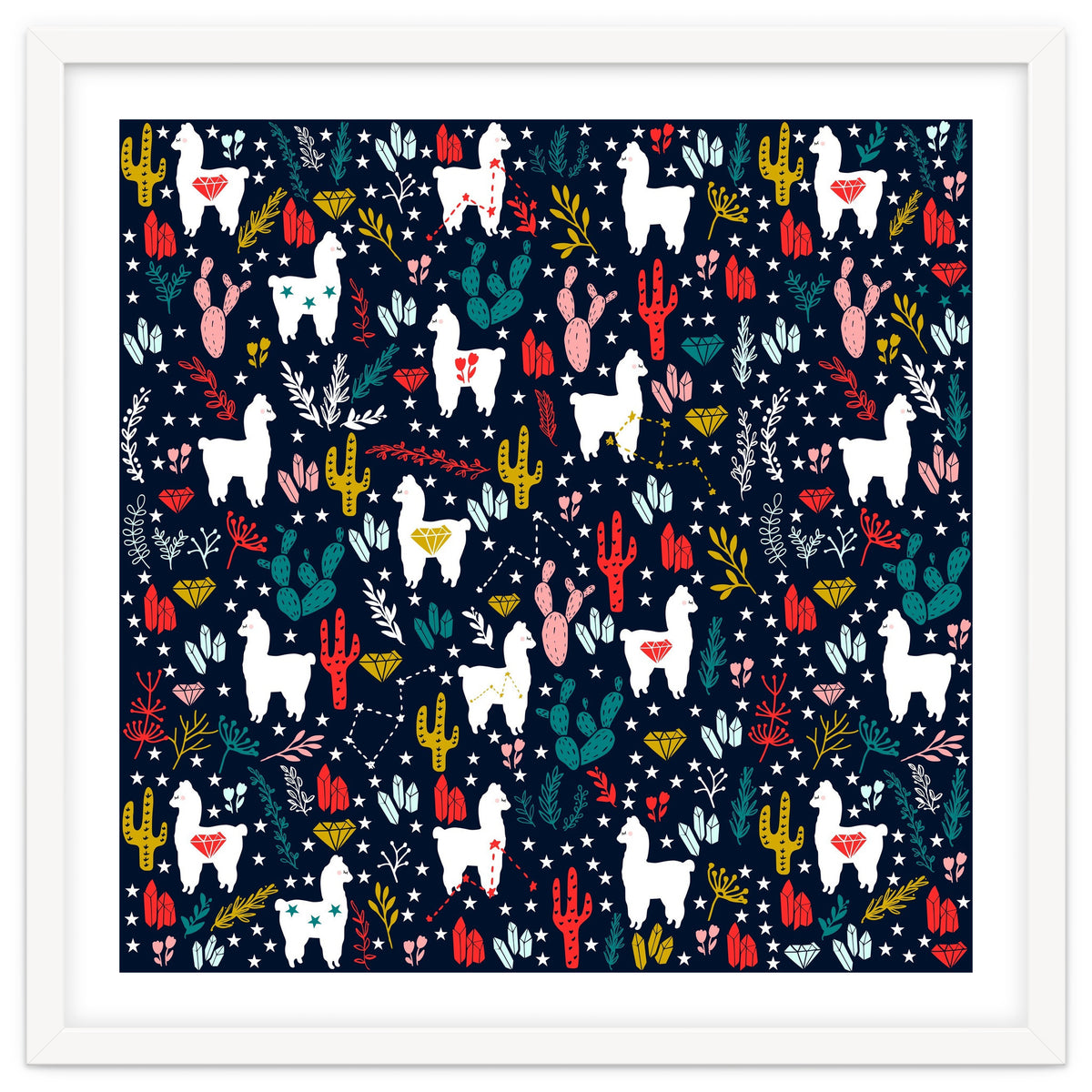 Cute Alpaca Pattern with Cacti, Stars and Crystals