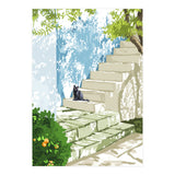 Black cat on the steps Poster, Greece Santorini summer travel pet painting (Print Only) thumbnail