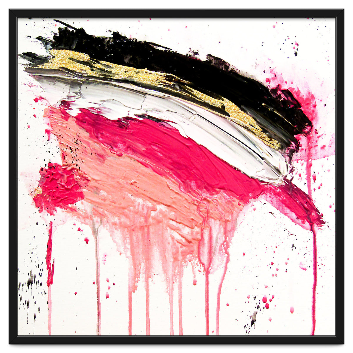 Modern Abstract Pink Black Gold Brushstrokes Splatters Acrylic