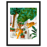 Tigers in Greece | Santorini Travel Architecture, Wildlife Animal Painting | Watercolor Illustration