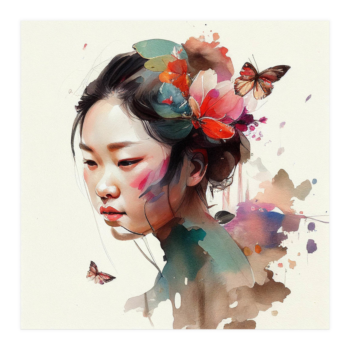 Watercolor Floral Asian Woman #4 (Print Only)