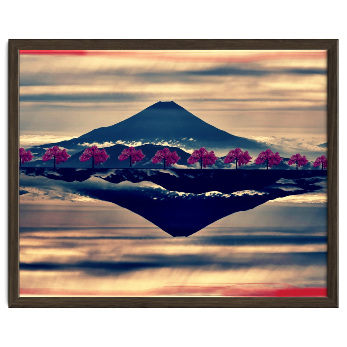 Reflection on Mount Fuji with cherry trees.