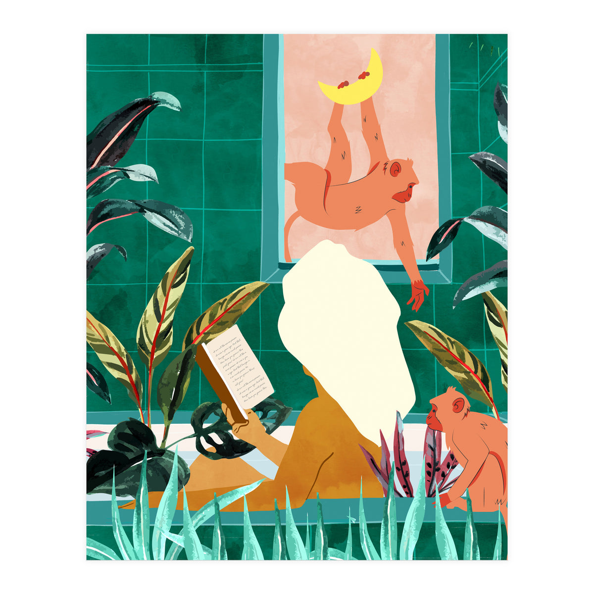 Urban Jungle Bath | Tropical Modern Bohemian Woman Bathtub | Pet Monkey Wild Animals Moon Watercolor (Print Only)