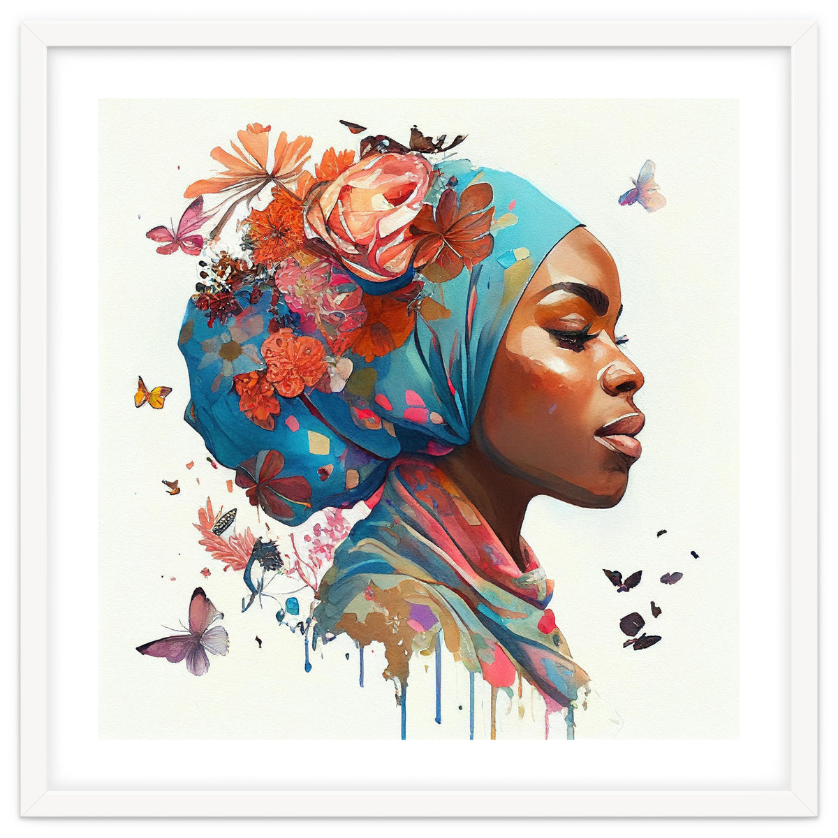 Watercolor Floral Muslim African Woman #2