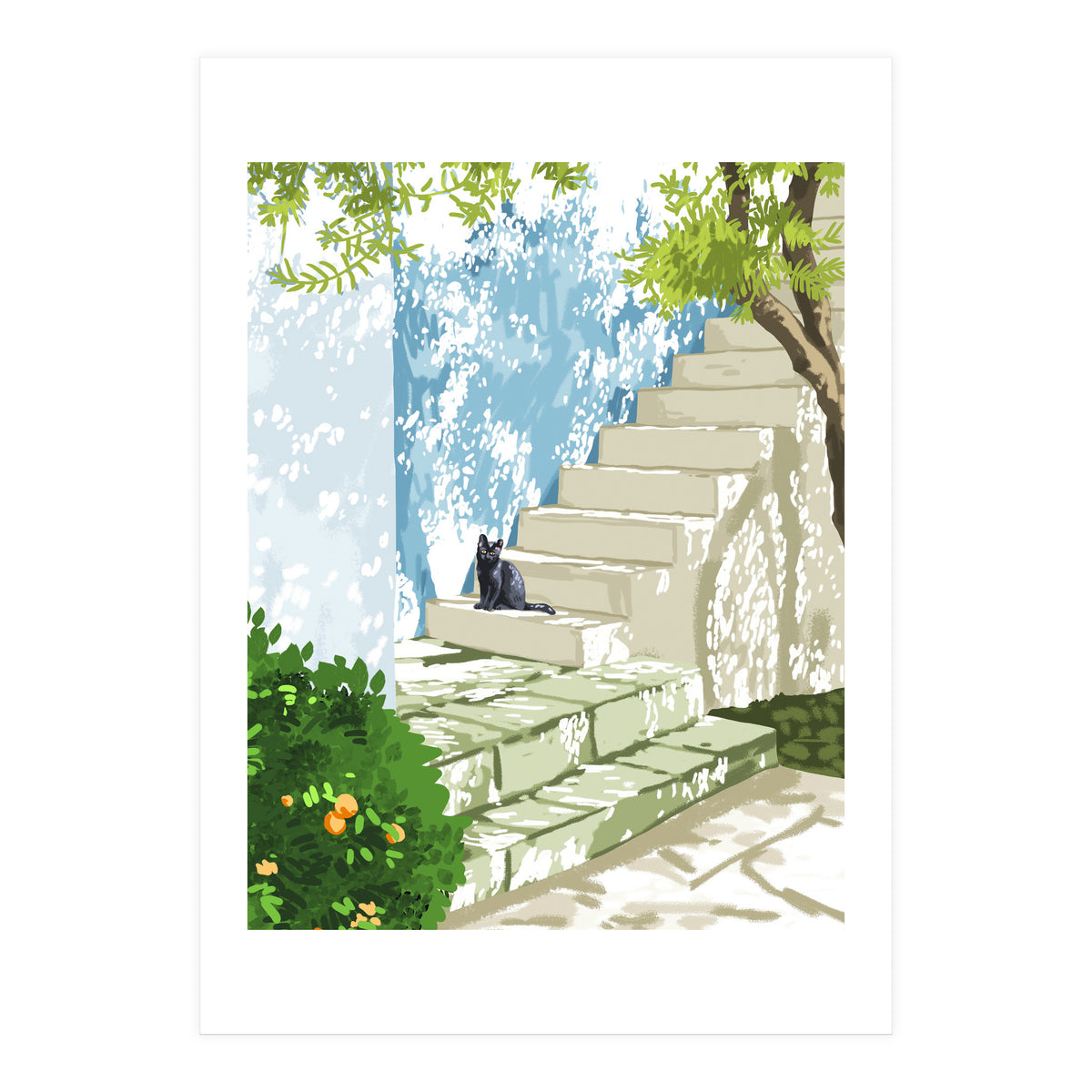 Black cat on the steps Poster, Greece Santorini summer travel pet painting (Print Only)