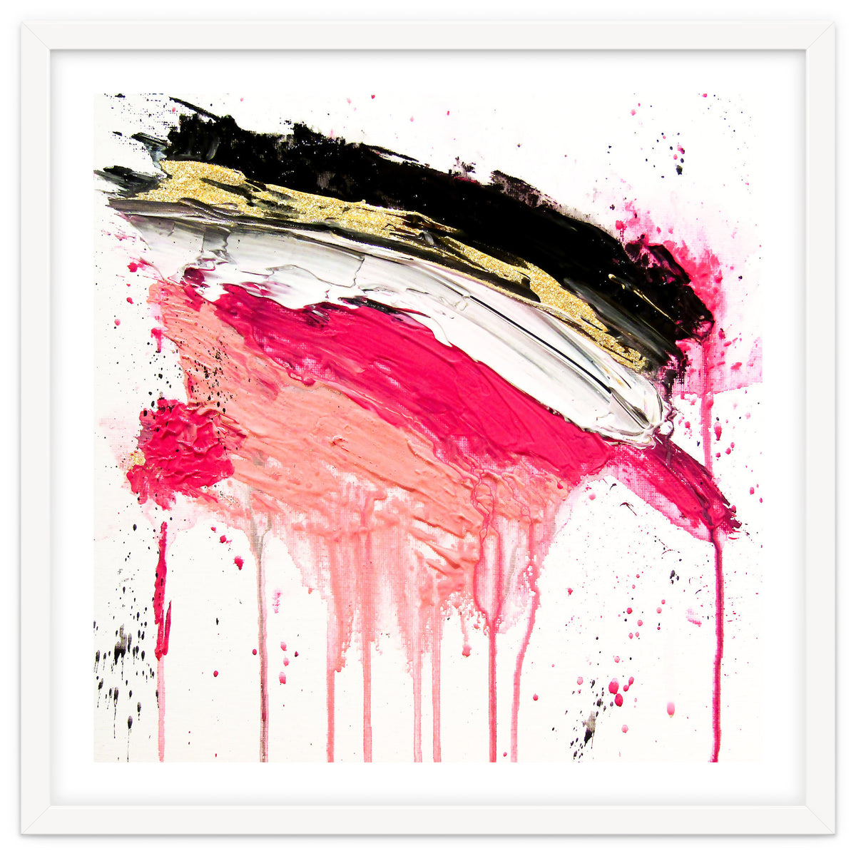 Modern Abstract Pink Black Gold Brushstrokes Splatters Acrylic