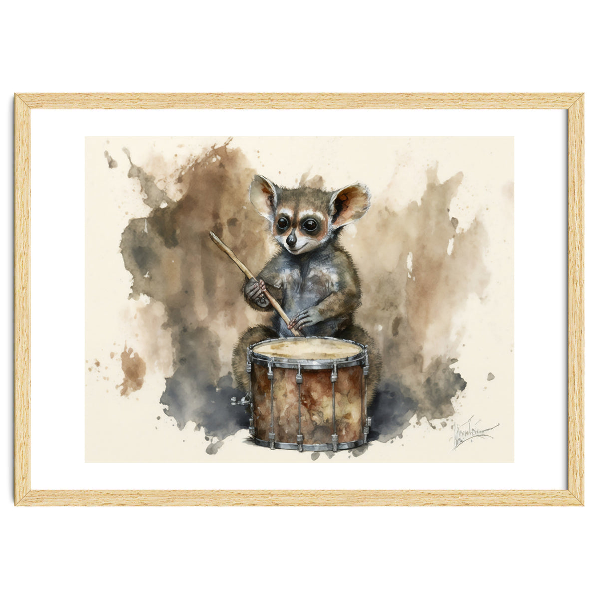 Bush Baby Playing Drum Watercolor Painting