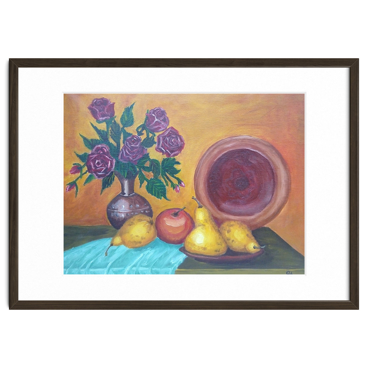 Still life with pears, roses and a dish.