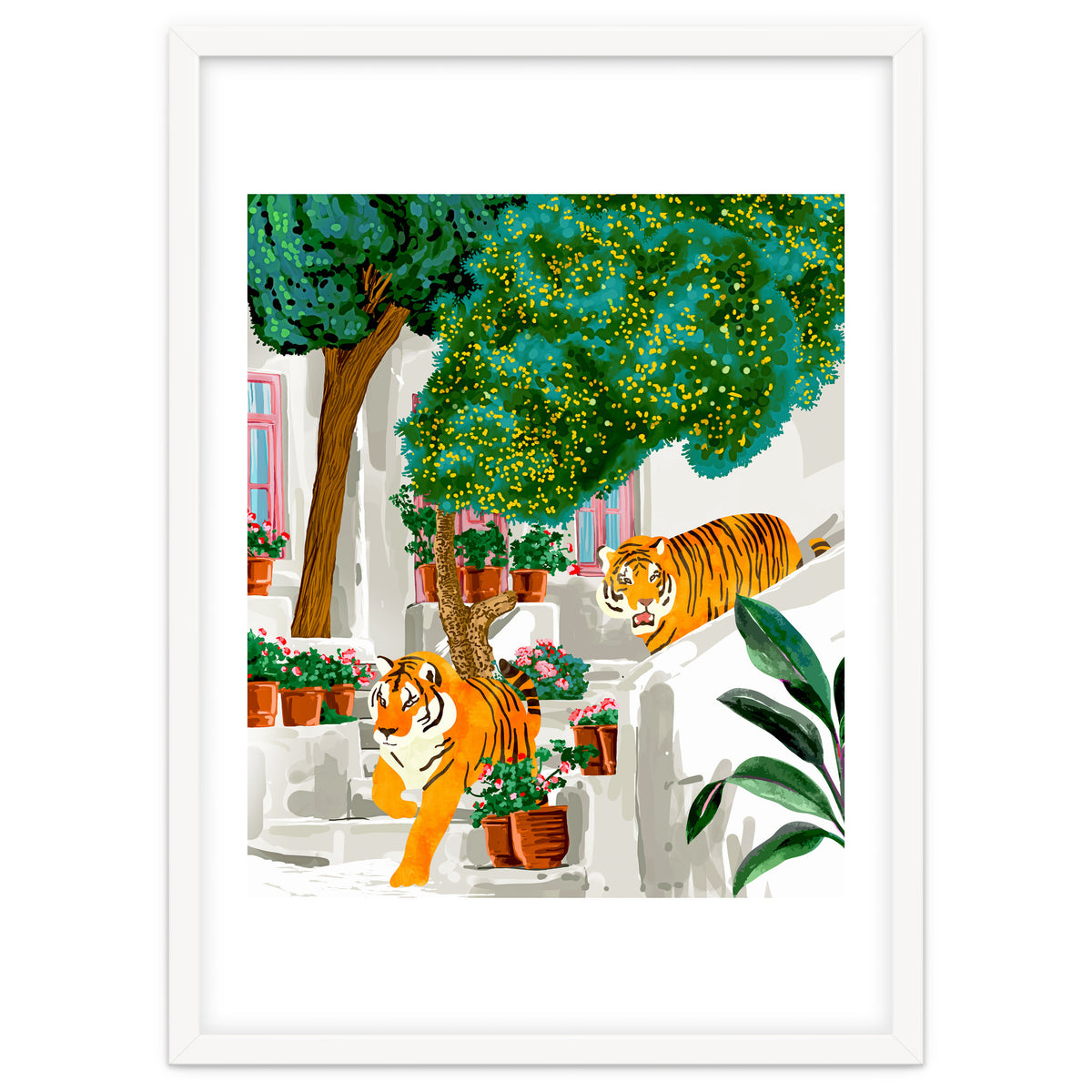 Tigers in Greece | Santorini Travel Architecture, Wildlife Animal Painting | Watercolor Illustration