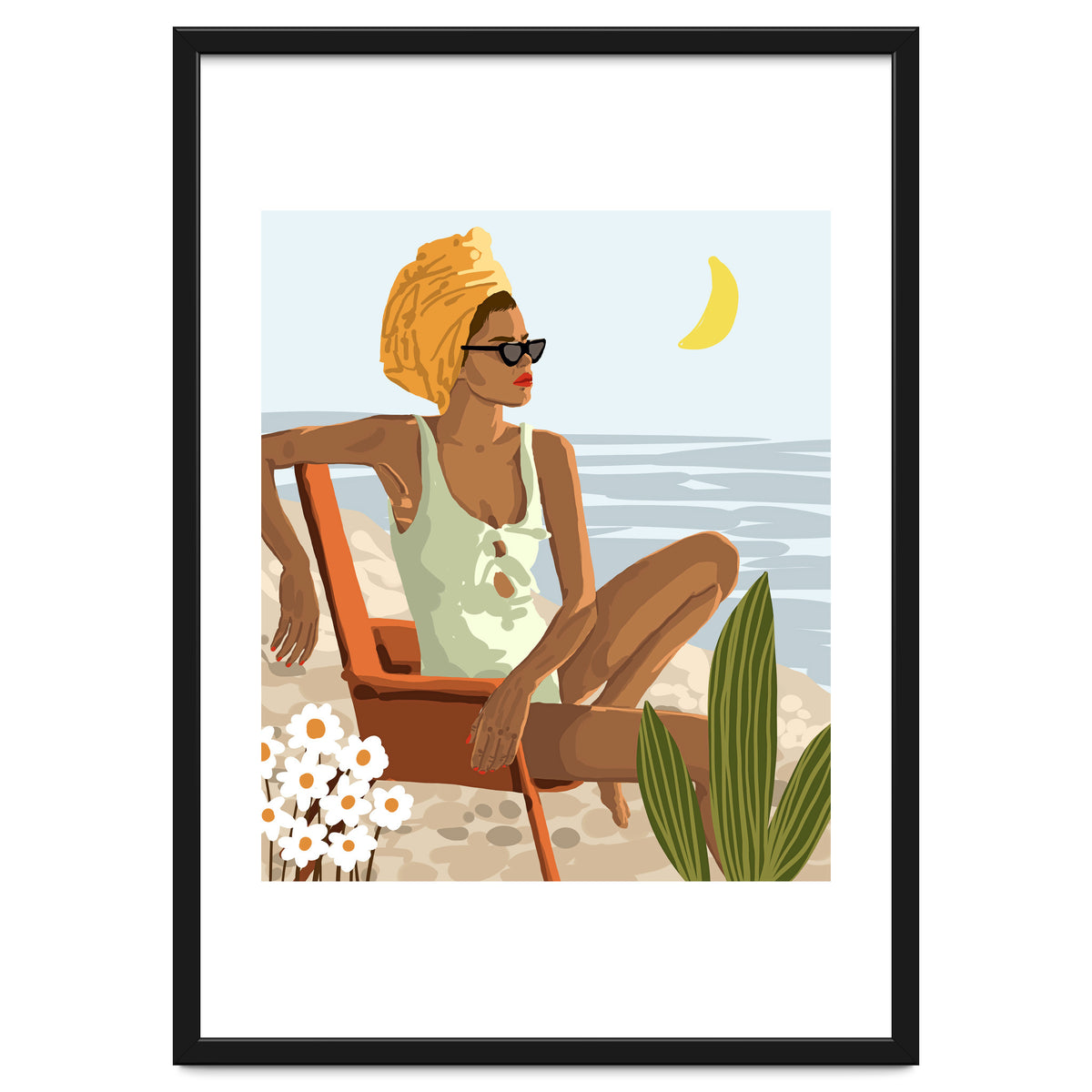 Moon Child, Beach Vacation, Black Woman Illustration Travel Ocean, Tropical Bohemian Fashion