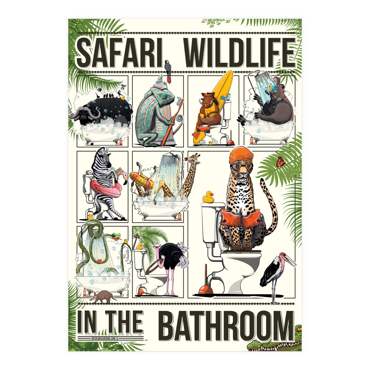 Safari Animals in the Bathroom, funny toilet humour (Print Only)