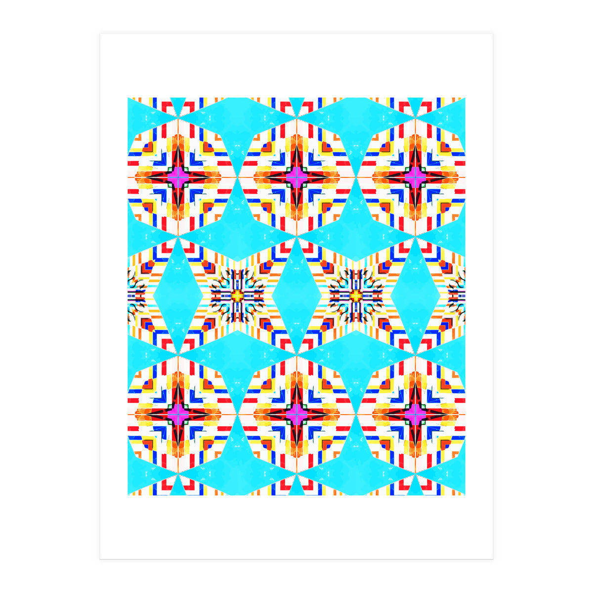 Exotic Tiles, Moroccan Teal Kaleidoscope Pattern, Turkish Bohemian Colorful Culture Eclectic Graphic (Print Only)