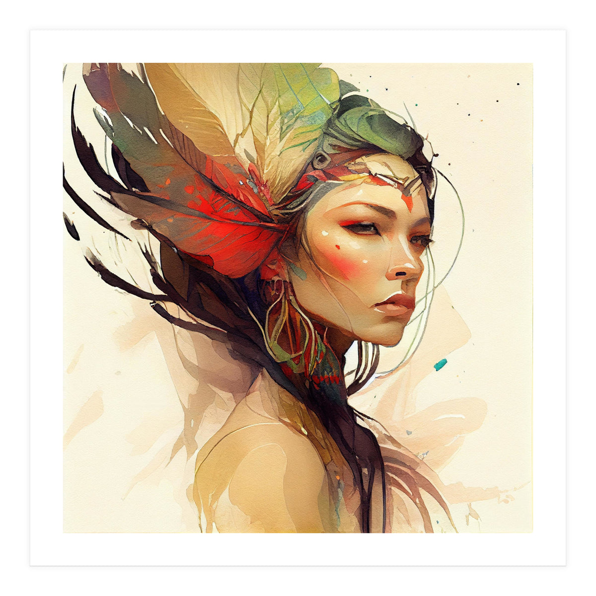 Watercolor Floral Indian Native Woman #14 (Print Only)