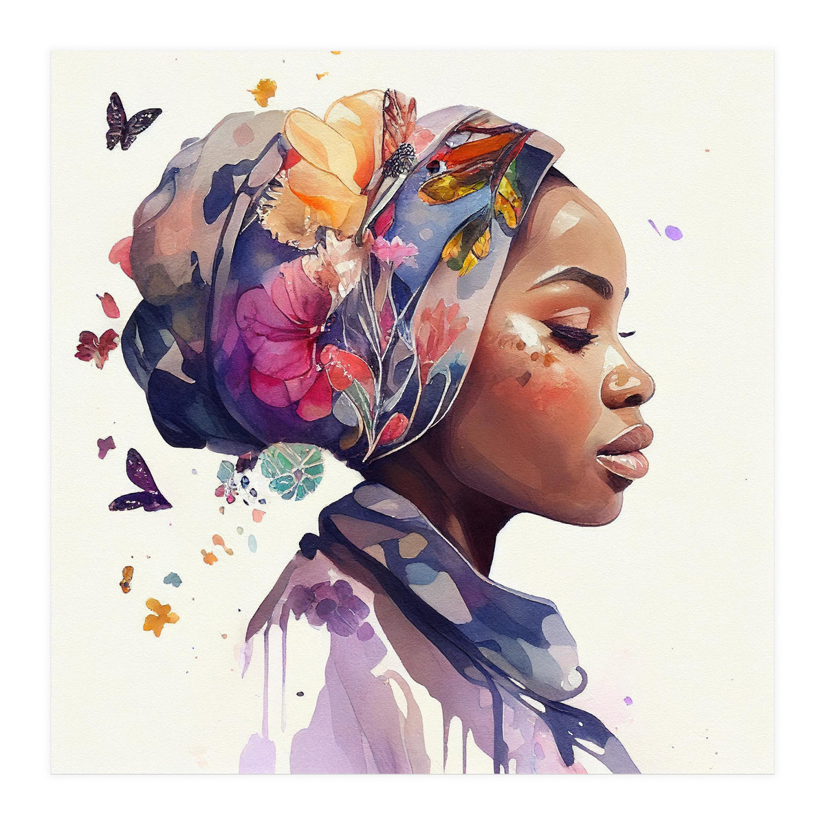 Watercolor Floral Muslim African Woman #1 (Print Only)