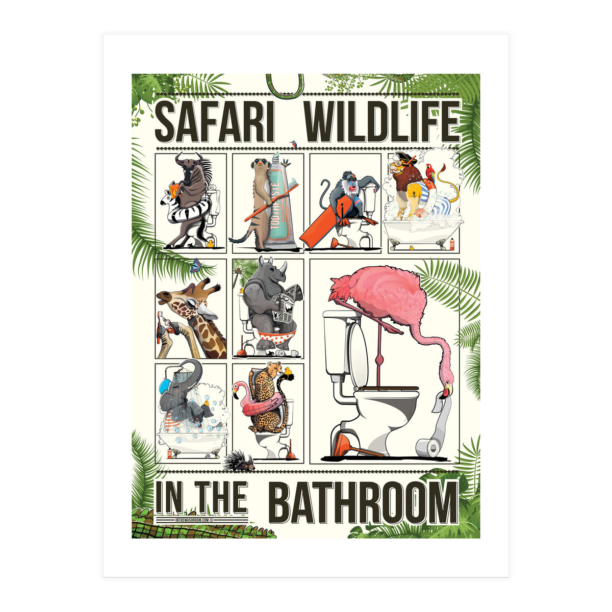 Safari wildlife animals in the bathroom, funny toilet humour.  (Print Only)