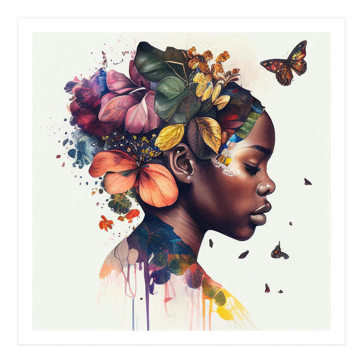 Watercolor Butterfly African Woman #10 (Print Only)