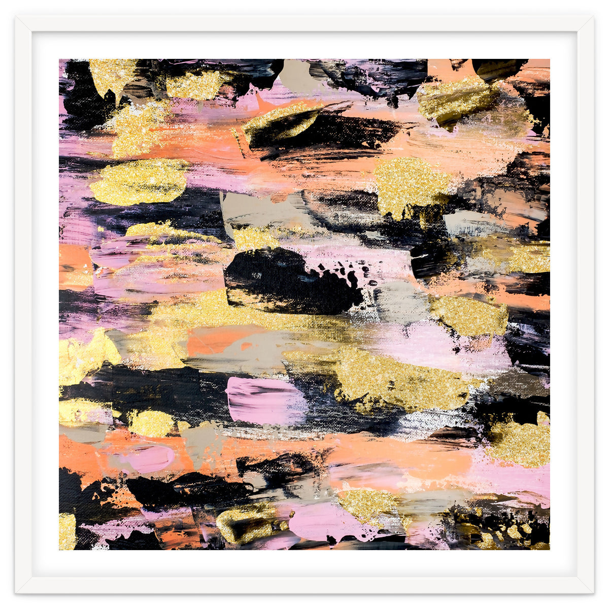 Modern Abstract Black Pink Salmon Gold Acrylic Brushstrokes Paint