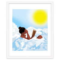 Reading on Clouds, Black Woman Summer Sunny Day Book Painting, Bohemian Nude