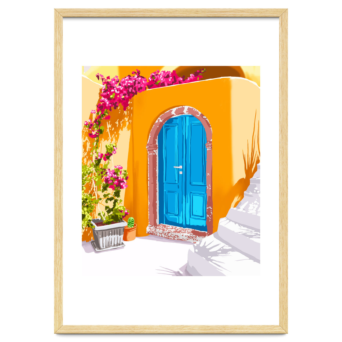Sunny Morocco, Summer Architecture Greece Travel Painting, Boungainvillea Tropical Floral