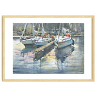 Yachts in the port. Watercolor painting