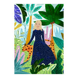 African Safari, Colorful Tropical Jungle Travel, Botanical Watercolor, Blonde Woman with a Leopard (Print Only) thumbnail