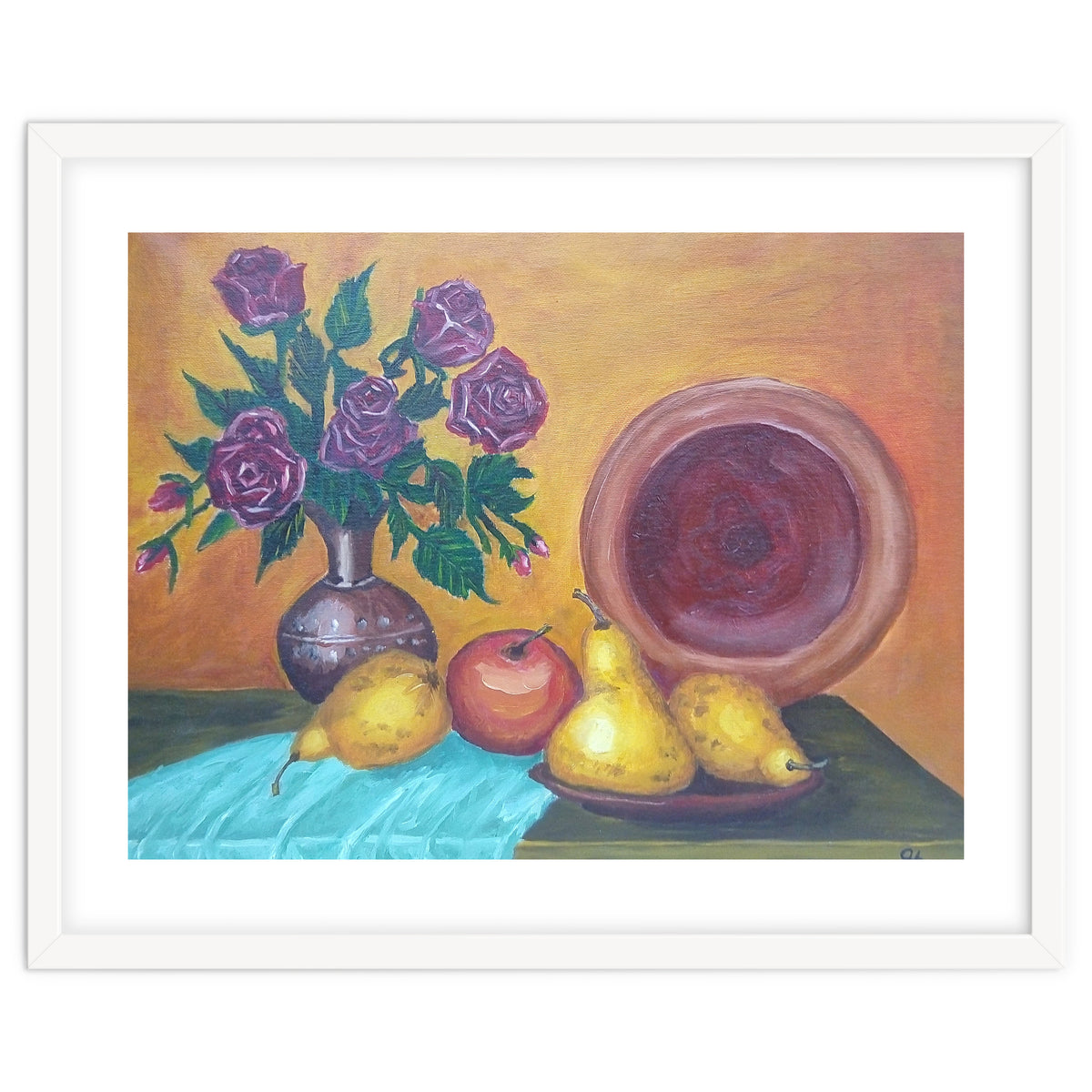 Still life with pears, roses and a dish.