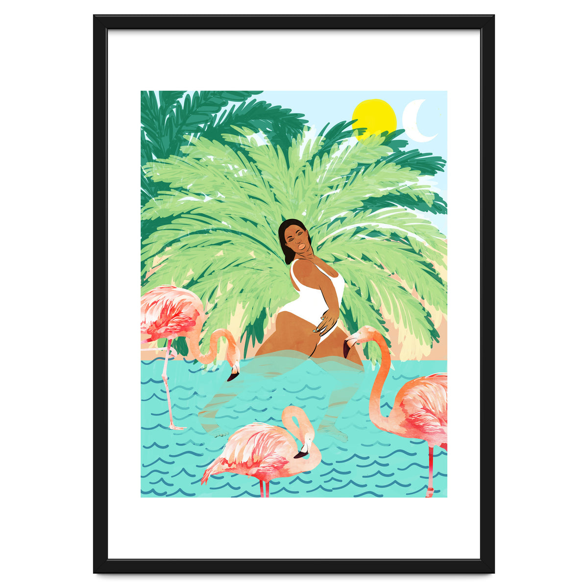 Tropical Summer Water Yoga with Palm & Flamingos | Woman of Color Black Woman Body Positivity