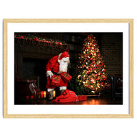 Santa Claus put his Christmas gift under the Xmas tree at midnight