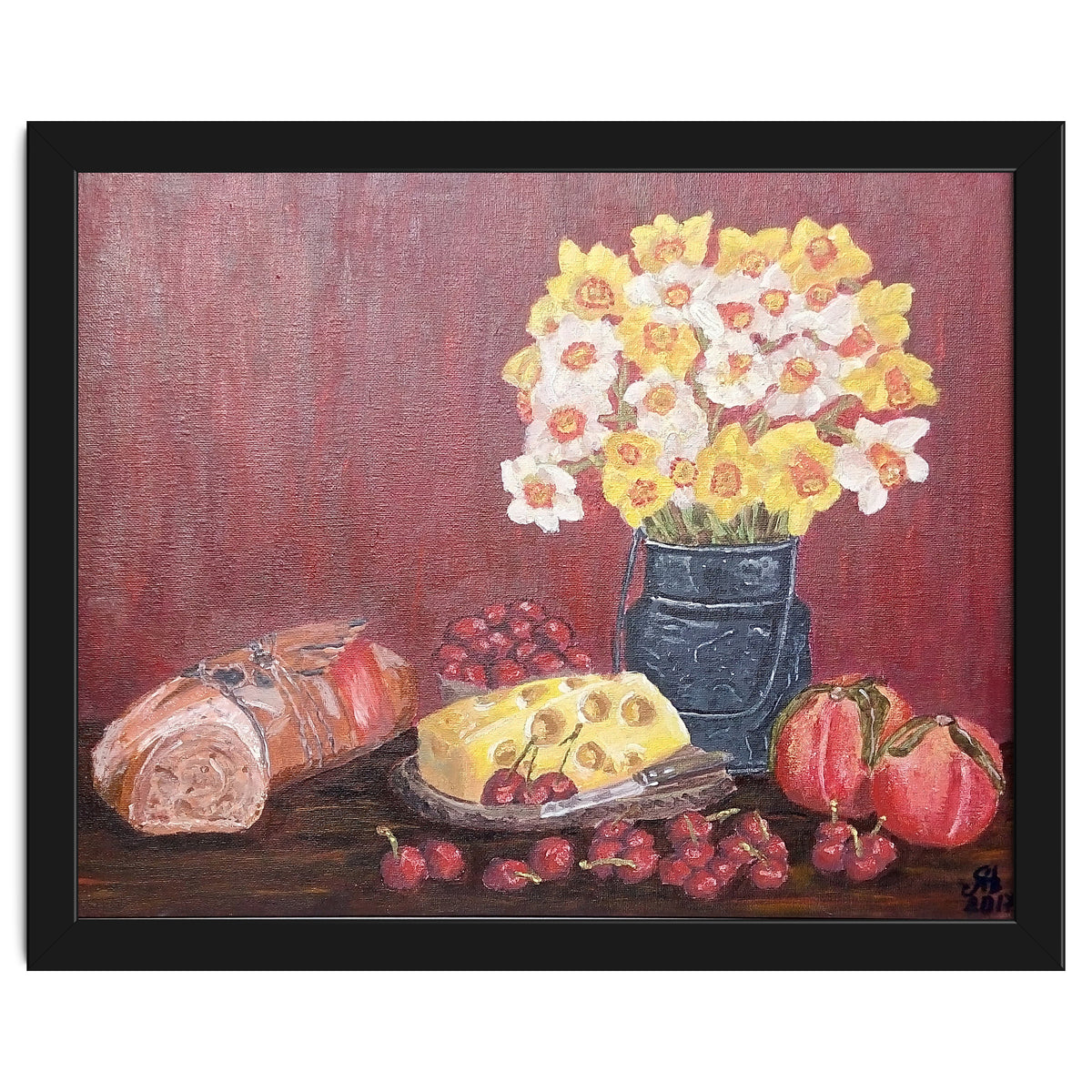 Still life with cheese, daffodils on a red background.