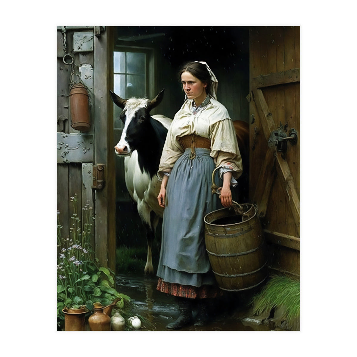 Farm Girl and Cow in Barn Oil Painting (Print Only)