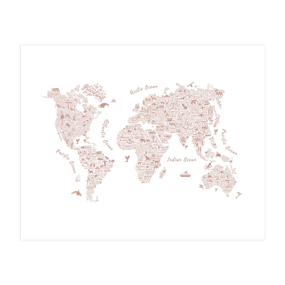 Typography World Map in Pink (Print Only)
